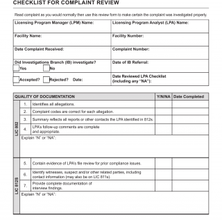 Form LIC 9229. Licensing Program Manager (LPM) Checklist For Complaint Review - California