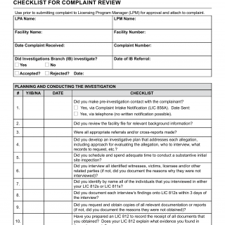 Form LIC 9230. Licensing Program Analyst (LPA) Checklist For Complaint Review - California