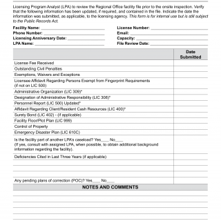 Form LIC 9237. Facility Inspection Checklist Transitional Housing Placement Program - California