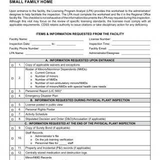 Form LIC 9240. Entrance Checklist Small Family Home - California