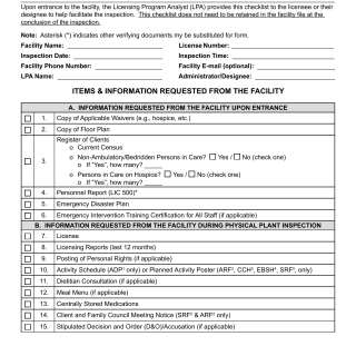 Form LIC 9241. Entrance Checklist Adult Care Facilities - California