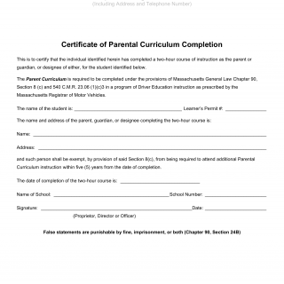Mass RMV - Certificate of Parental Curriculum Completion