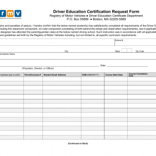 Mass RMV - Driver Education Certification Request Form