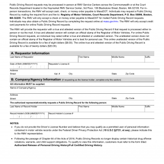 Mass RMV - Driving Record Request Form