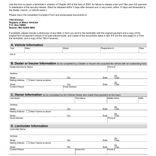 Mass RMV - Lienholder Complaint Form