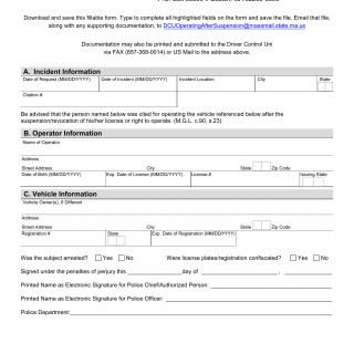 Mass RMV - Report and Affidavit for Operating After Suspension or Revocation