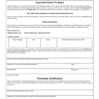 MD MVA Form CS-019 - Notice of Exclusive or Modification of Implied Warranty