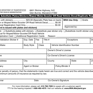 MD MVA Form VR-009 - Application for Duplicate or Substitute Plates/Stickers