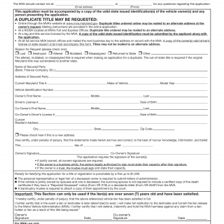 MD MVA Form VR-018 - Application for Duplicate Certificate of Title