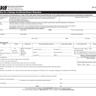 MD MVA Form VR-028 - Application for Salvage Certificate/Owner Retention