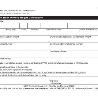 MD MVA Form VR-142A - 1/2 and 3/4 Ton Truck Owner's Weight Certification