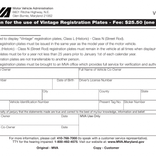 MD MVA Form VR-188 - Application for the Use of Vintage Registration 