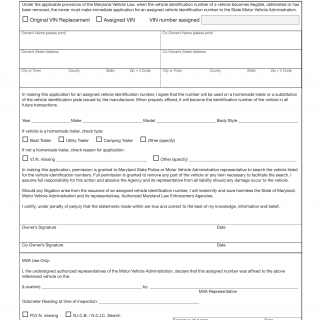 MD MVA Form VR-198 - Application for Assigned Vehicle Identification Number