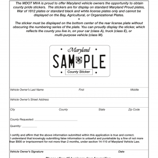 MD MVA Form VR-308 - Application for Maryland County Pride Stickers