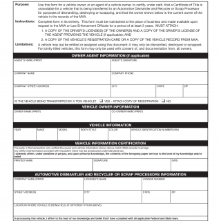 MD MVA Form VR-453 - Affidavit of Ownership for Transfer of a Vehicle to an Automotive Dismantler and Recycler or Scrap Processor