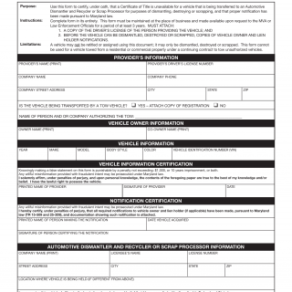 MD MVA Form VR-454 - Affidavit of Lawful Possession for Transfer of a Vehicle to an Automotive Dismantler and Recycler or Scrap Processor