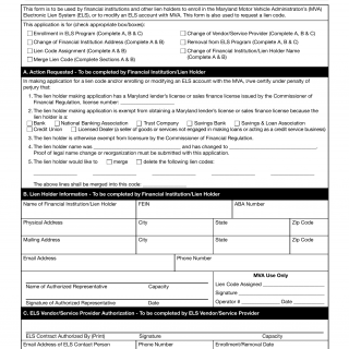 MD MVA Form VR-466 - Application for Lien Code Assignment and/or Enrollment/Change in Electronic Lien System