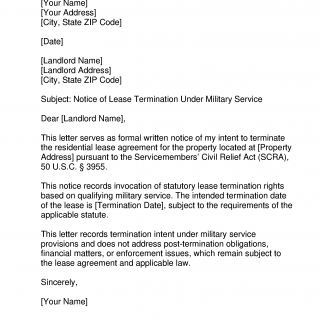 Military Lease Termination Agreement Letter sample
