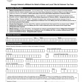 GA DMV Form MV-30 Georgian's Veteran Affidavit for Relief of State and Local Title Ad Valorem Tax Fees
