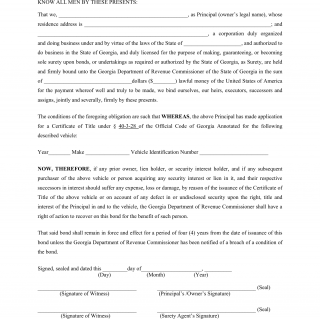 GA DMV Form MV-46 Motor Vehicle Certificate of Title Bond