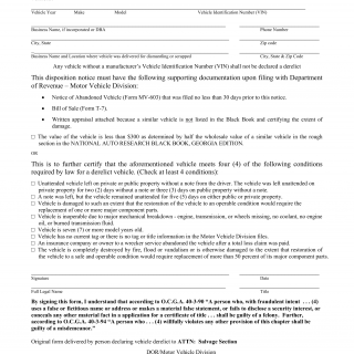 GA DMV Form MV-603D Disposition Notice/ Derelict Vehicle Sale Only
