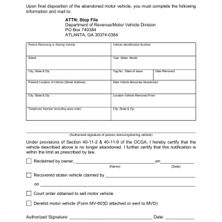 GA DMV Form MV-603R Notice of Abandoned Vehicle Release
