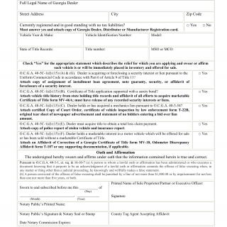 GA DMV Form MV-66 Georgia Dealer's Affidavit for Relief of State and Local Title Ad Valorem Tax Fees