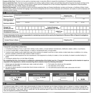 GA DMV Form MV-6D Application for Transporter License Plates