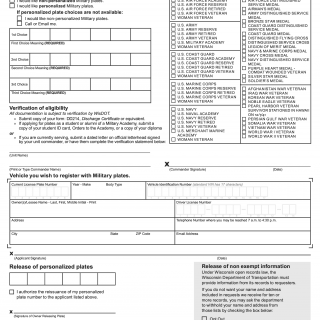 Form MV2653. Military License Plates