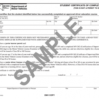 Form MV-285. Student Certificate of Completion sample