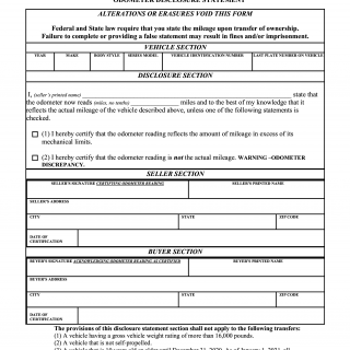 Form MVR-180. Odometer Disclosure Statement