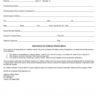 NJ MVC Form SS-66 - Application for Collector Vehicle Status