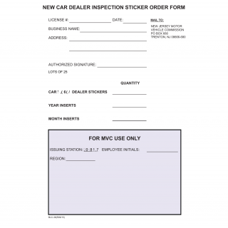 NJ MVC Form BLC-38 - New Car Dealer Inspection Sticker Order Form