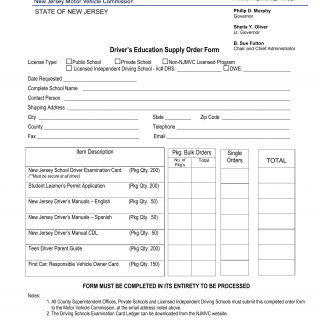 NJ MVC Form Driver's Education Supply Order Form