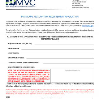 NJ MVC Form DRM-21 - Individual Restoration Requirement Application