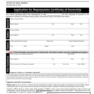 NJ MVC Form OS/SS-57 - Application for Repossession Certificate of Ownership