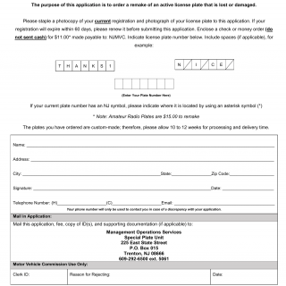 NJ MVC Form SPU-89 - Application For Remaking Of An Existing License Plate