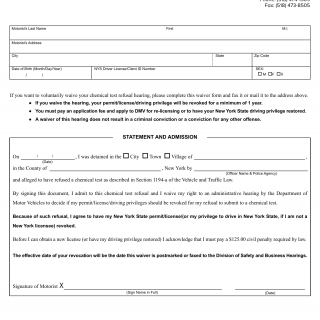 NYS DMV Form AA-137AW. Admission & Waiver of Hearing for Person Under Age 21 (VTL 1194-A)