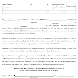NYS DMV Form AA-137SW. Waiver of Hearing - Snowmobile