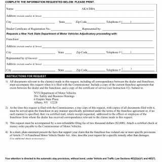 NYS DMV Form AA-71. Franchised Motor Vehicle Dealer Request for Adjudicatory Proceeding