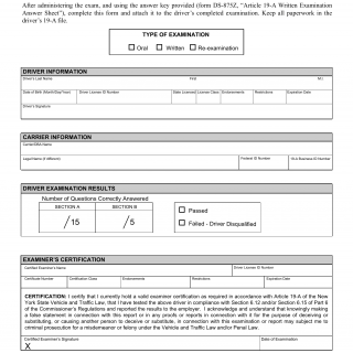 NYS DMV Form DS-875Y. Article 19-A Oral/Written Examination Results