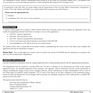 NYS DMV Form DTP-403. Online Pre-Licensing Program Sponsor Application
