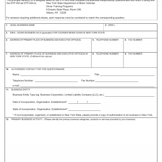 NYS DMV Form DTP-405. Online Pre-Licensing Program Business Responsibility Questionnaire