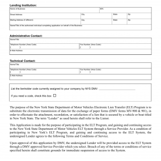 NYS DMV Form ELT-5. Lender Application for Participation in the Electronic Lien Transfer Program