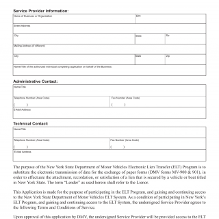 NYS DMV Form ELT-6. Service Provider Application for Participation in the Electronic Lien  Transfer Program