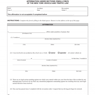 NYS DMV Form FS-15. Affirmation Under Section 318 (9) and 318 (11) of the New York Vehicle and Traffic Law