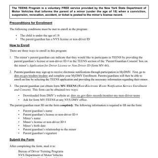 NYS DMV Form MV-1046. TEENS (Teen Electronic Event Notification Service) Program
