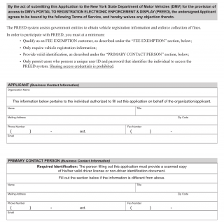 NYS DMV Form MV-15PREED. Application for Access to DMV's Portal to Registration Electronic Enforcement & Display (PREED)