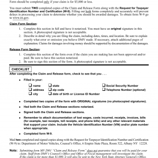 NYS DMV Form MV-2001.1. Instructions for Filing a "Claim and Release Form"