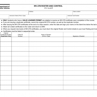 NYS DMV Form MV-278.5N. Roster and Control (Pre-licensing Course)